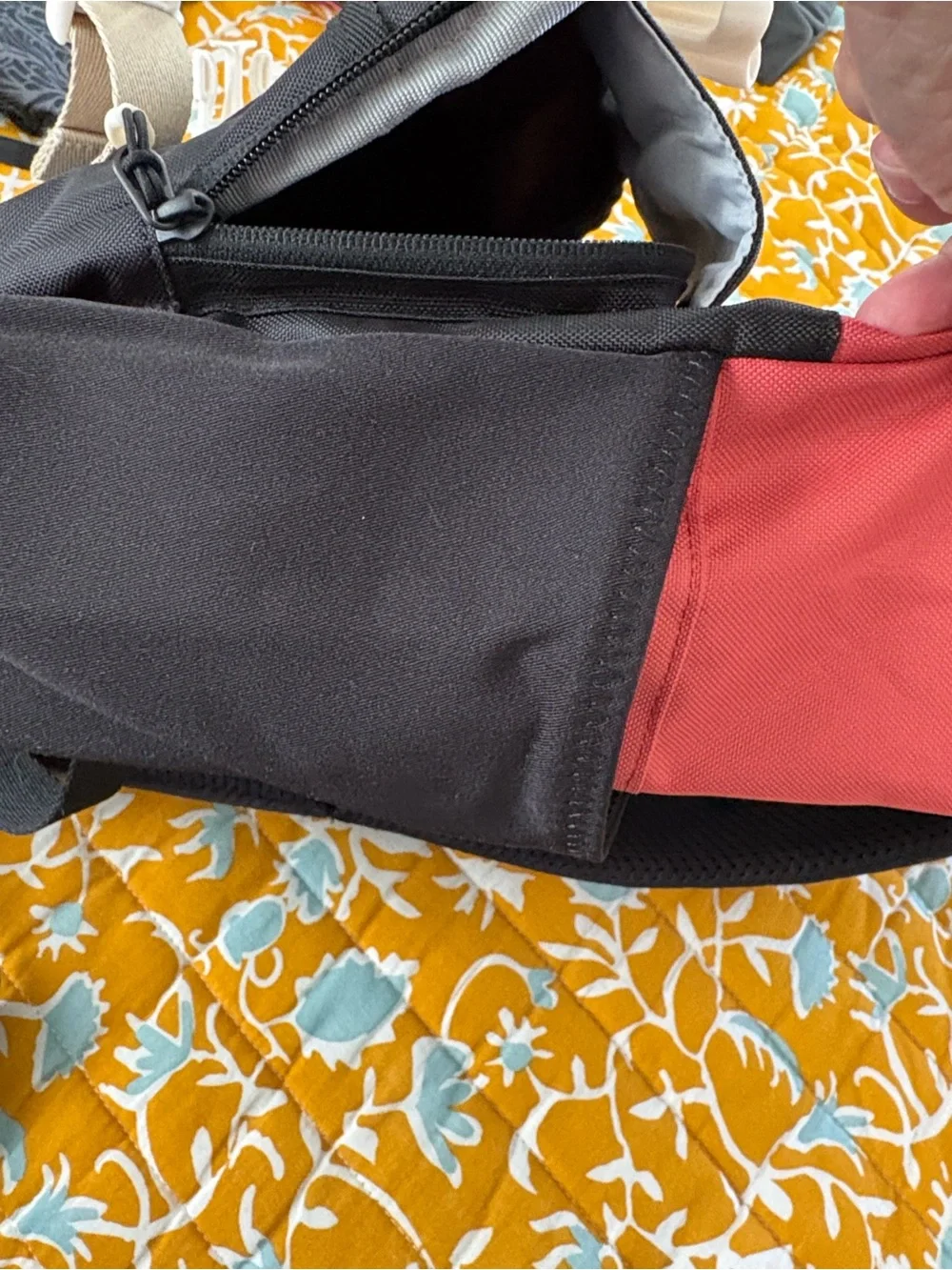 Black and Coral Roll-Top Canvas Backpack with Beige Straps